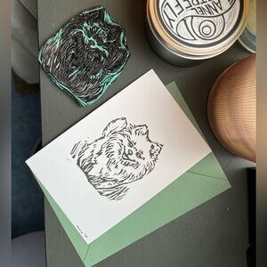 Original hand printed 4x6 linocut art print - Pomeranian